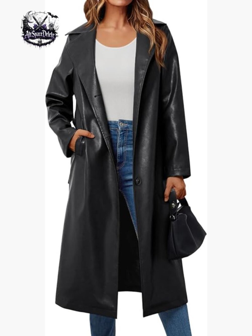 Long Faux Leather Trench Coat with Belt, Open Front, Knee Length